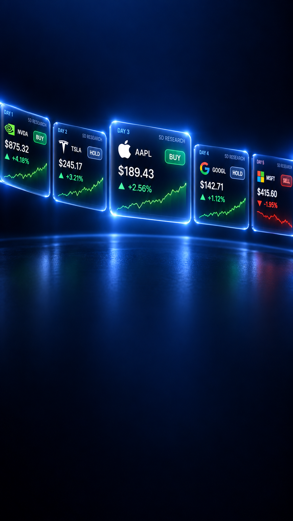 Five glowing day-by-day research cards for NVDA, TSLA, AAPL, GOOGL and MSFT